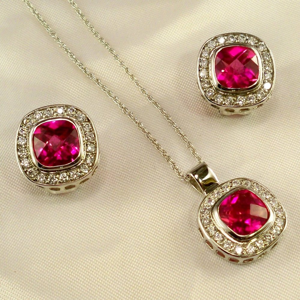 New Charles Winston Reddish Pink Doublet CZ Silver Necklace, Earrings